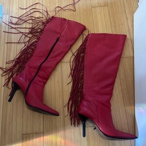 Stylish Red Fringe Knee-High Boots
